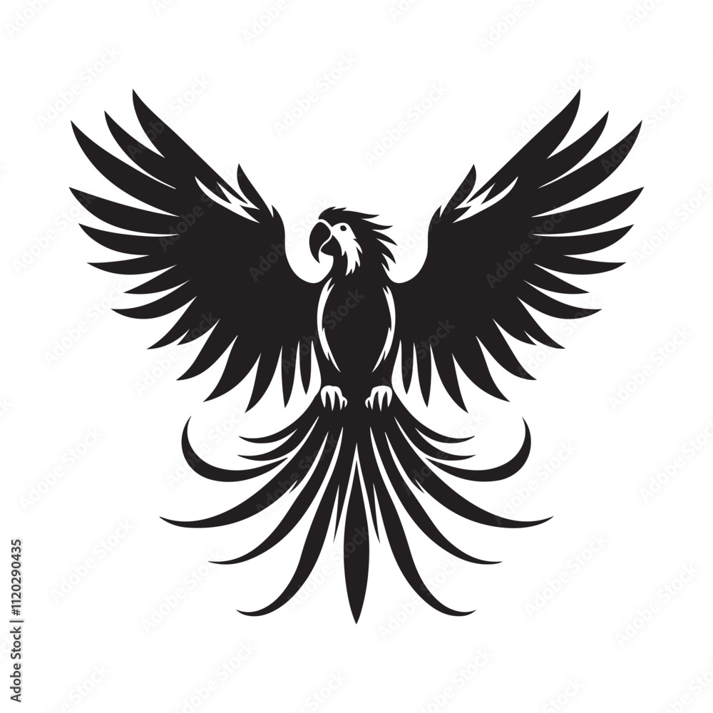 Obraz premium Parrot with spread wings silhouette vector art black color design and solid white background