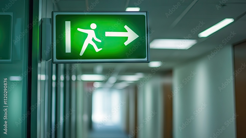 Green exit sign with running figure and arrow pointing right, placed above an office doorway.