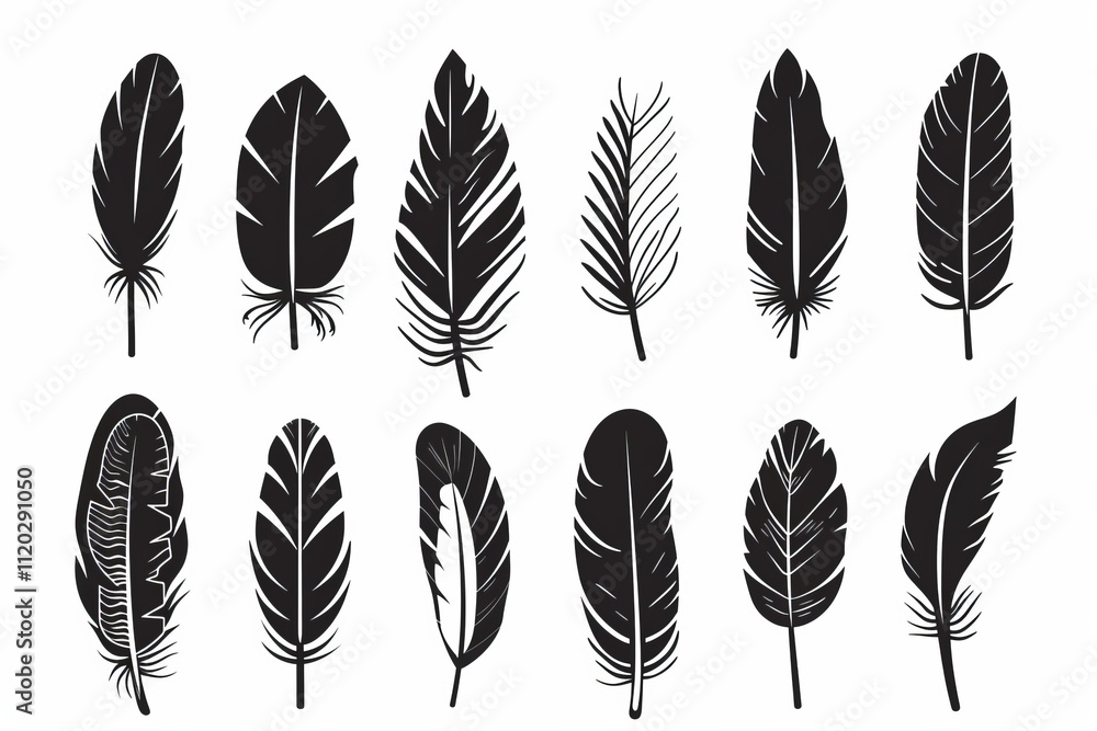 Feather icon, animal feathers isolated, black plume symbol, minimal plume silhouette on white Feather icon, animal feathers isolated, black plume symbol, minimal plume silhouette on white