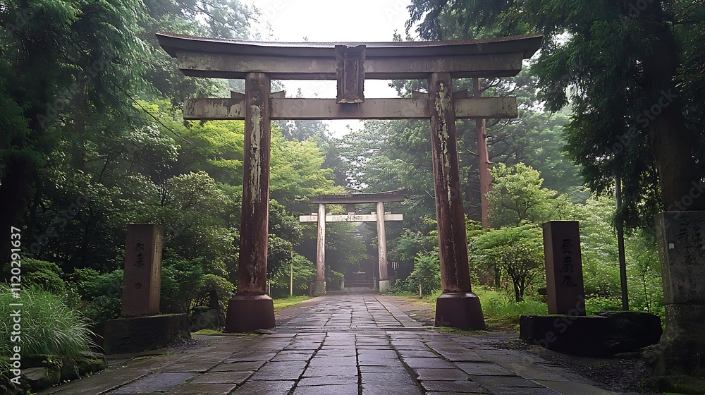 Serene Path Through Ancient Japanese Shrine Torii Gates Serene Path Through Ancient Japanese Shrine Torii Gates