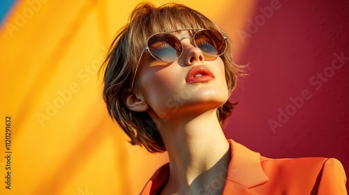 Stylish Woman in Sunglasses Against Vibrant Background