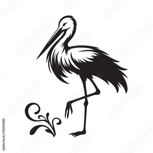 Stork with long legs silhouette vector art black color design and solid white background photo