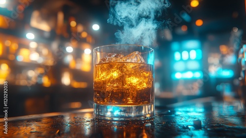 A glass of whiskey with ice on a bar counter