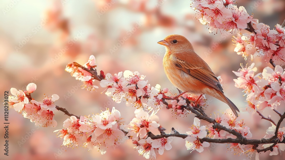 A small bird sitting on a branch of a tree with pink flowers A small bird sitting on a branch of a tree with pink flowers