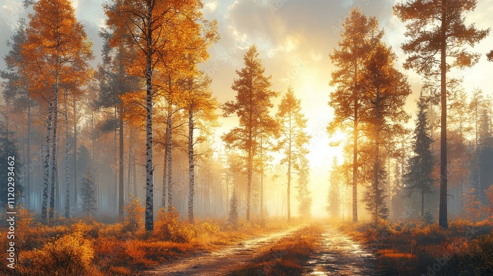 Fototapeta premium A dirt road in the middle of a forest in the fall