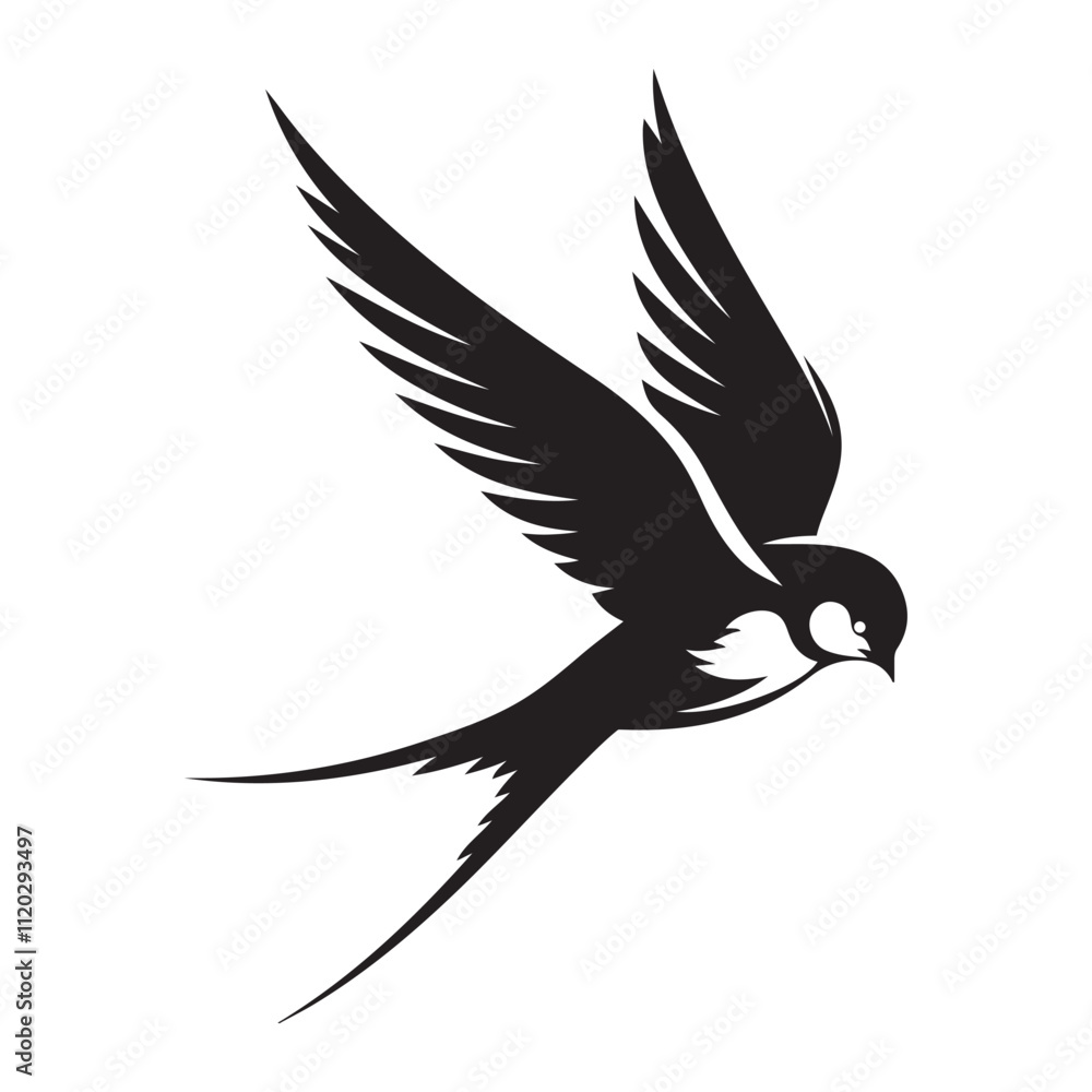 Fototapeta premium Swallow bird diving in mid-air silhouette vector art black color design and solid white background
