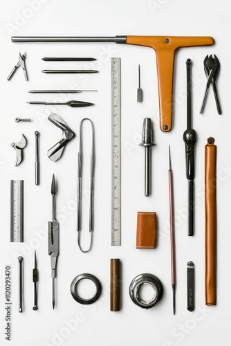 Precision instruments arranged on white background.