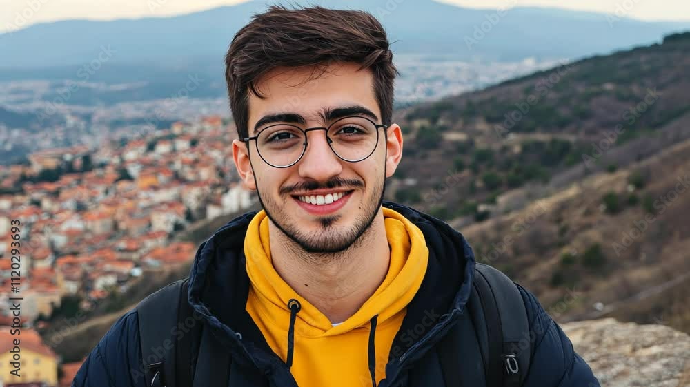 Smiling young man poses with city view in the background on a cloudy day Smiling young man poses with city view in the background on a cloudy day