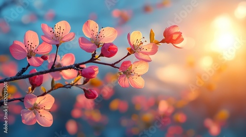 A branch with pink flowers in front of a blue sky