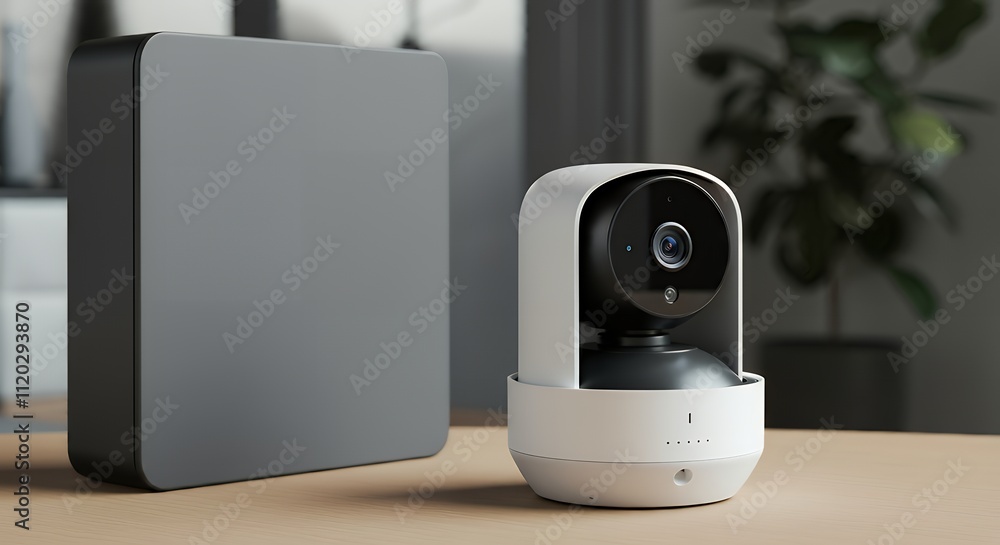 A home security camera box mock-up with a blank design, paired with the camera in a smart home setup 3d illustration brand mock-up template. A home security camera box mock-up with a blank design, paired with the camera in a smart home setup 3d illustration brand mock-up template.