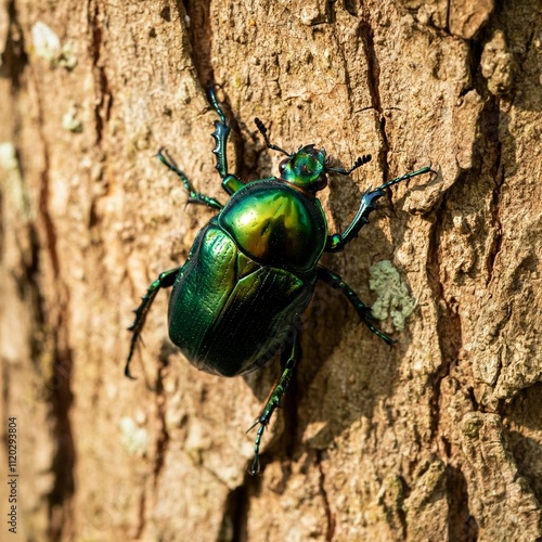 Wallpaper Mural A metallic emerald scarab beetle climbing a rough tree bark in the midday sun Torontodigital.ca