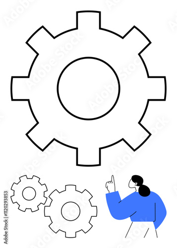 Three gears with different sizes. A person wearing blue and raising a finger. Ideal for teamwork, technical processes, innovation, problem-solving, engineering, mechanical design, project planning