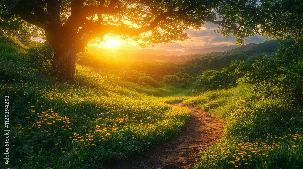 Obraz premium A dirt path in the middle of a lush green field