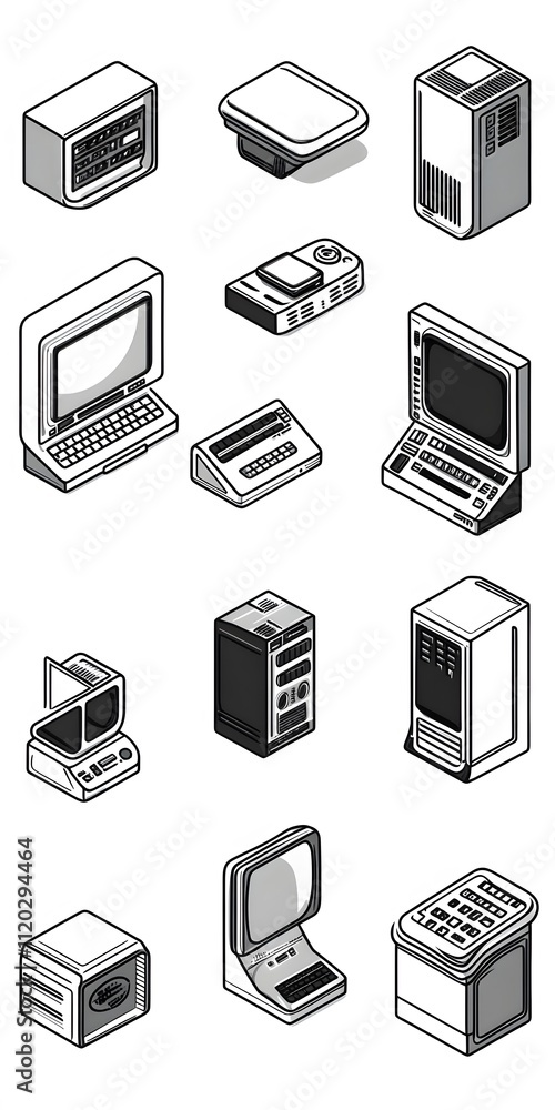 Theme: Electronics and Computers, Icon Set, Shapes, Objects, Black and White, on White Background, Abstract Image, Texture, Pattern Background, Wallpaper, Cover and Screen of Smartphone, PC, Laptop, 9 Theme: Electronics and Computers, Icon Set, Shapes, Objects, Black and White, on White Background, Abstract Image, Texture, Pattern Background, Wallpaper, Cover and Screen of Smartphone, PC, Laptop, 9