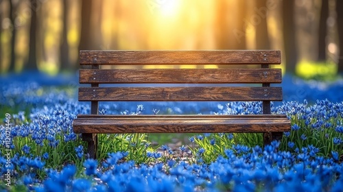 A wooden bench sitting in the middle of a field of blue flowers