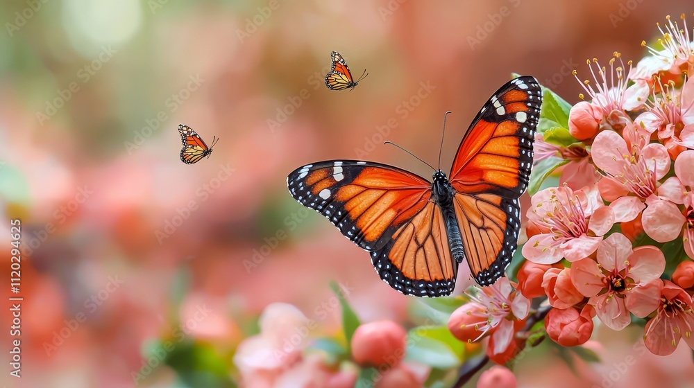 A group of butterflies flying over a pink flower A group of butterflies flying over a pink flower