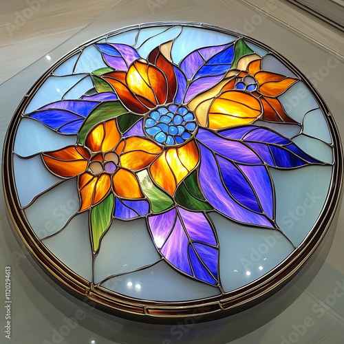 Table top, Provence style stained glass on frosted glass photo