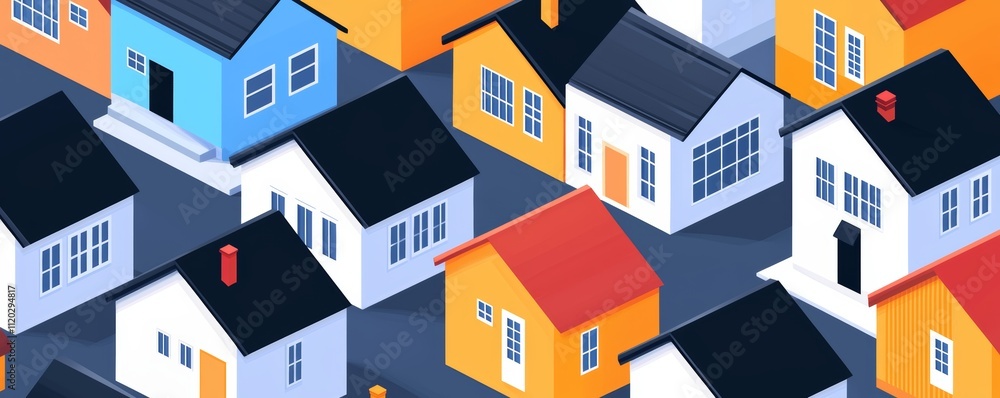 A colorful arrangement of stylized houses showcasing diverse architectural designs and vibrant hues in a pattern. A colorful arrangement of stylized houses showcasing diverse architectural designs and vibrant hues in a pattern.