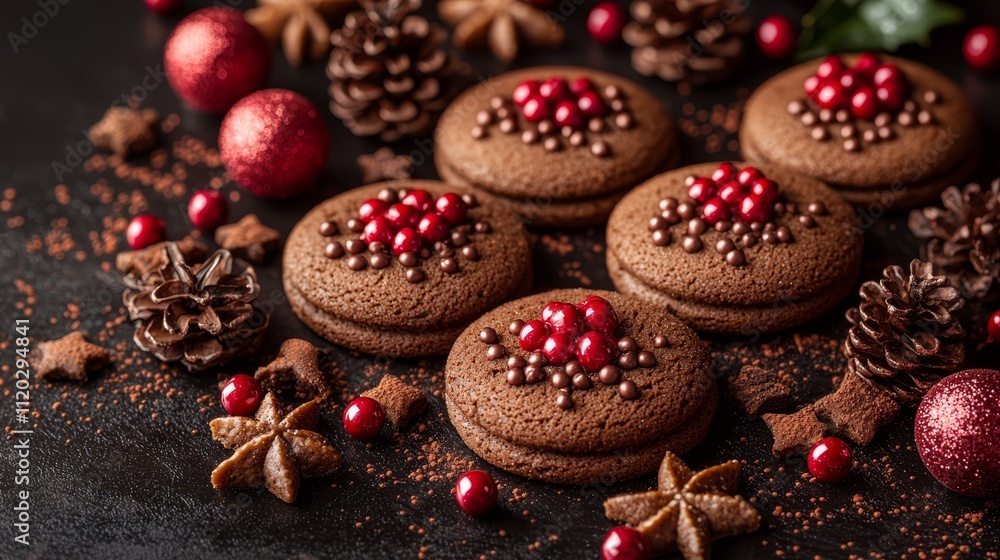 A bunch of chocolate cookies with red berries and pine cones A bunch of chocolate cookies with red berries and pine cones