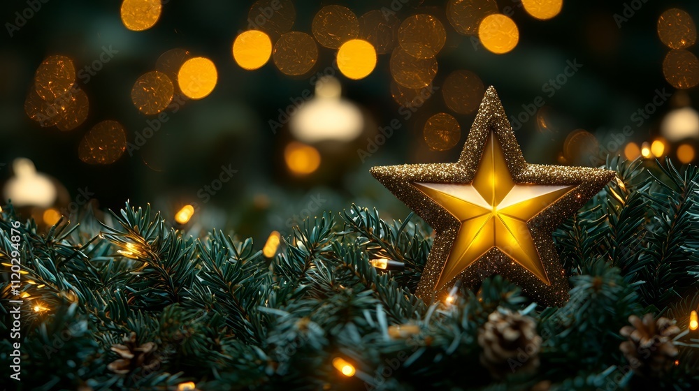 A gold star on a christmas tree with lights in the background A gold star on a christmas tree with lights in the background