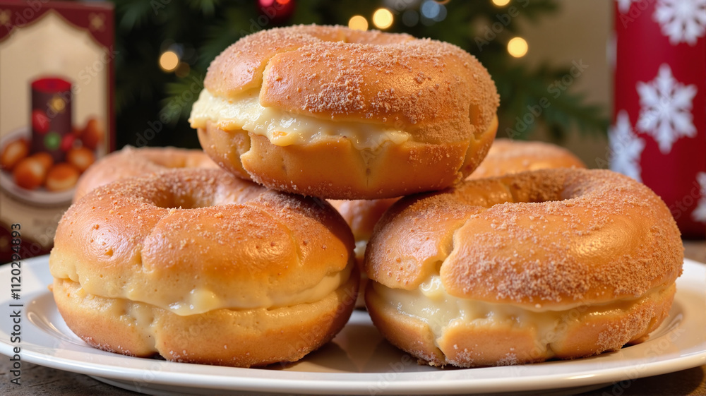 Festive stack of cream-filled donuts with cinnamon sugar topping on a holiday table Festive stack of cream-filled donuts with cinnamon sugar topping on a holiday table