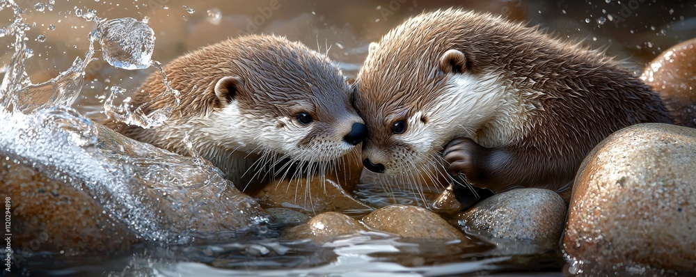 Obraz premium Two playful otters interact in a serene aquatic environment, surrounded by smooth stones, creating splashes in the water.