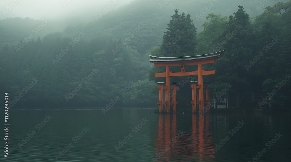 Mysterious Torii Gate in Foggy Japanese Lake Mysterious Torii Gate in Foggy Japanese Lake