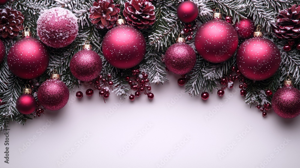 A border of red christmas ornaments and pine cones on a white background A border of red christmas ornaments and pine cones on a white background