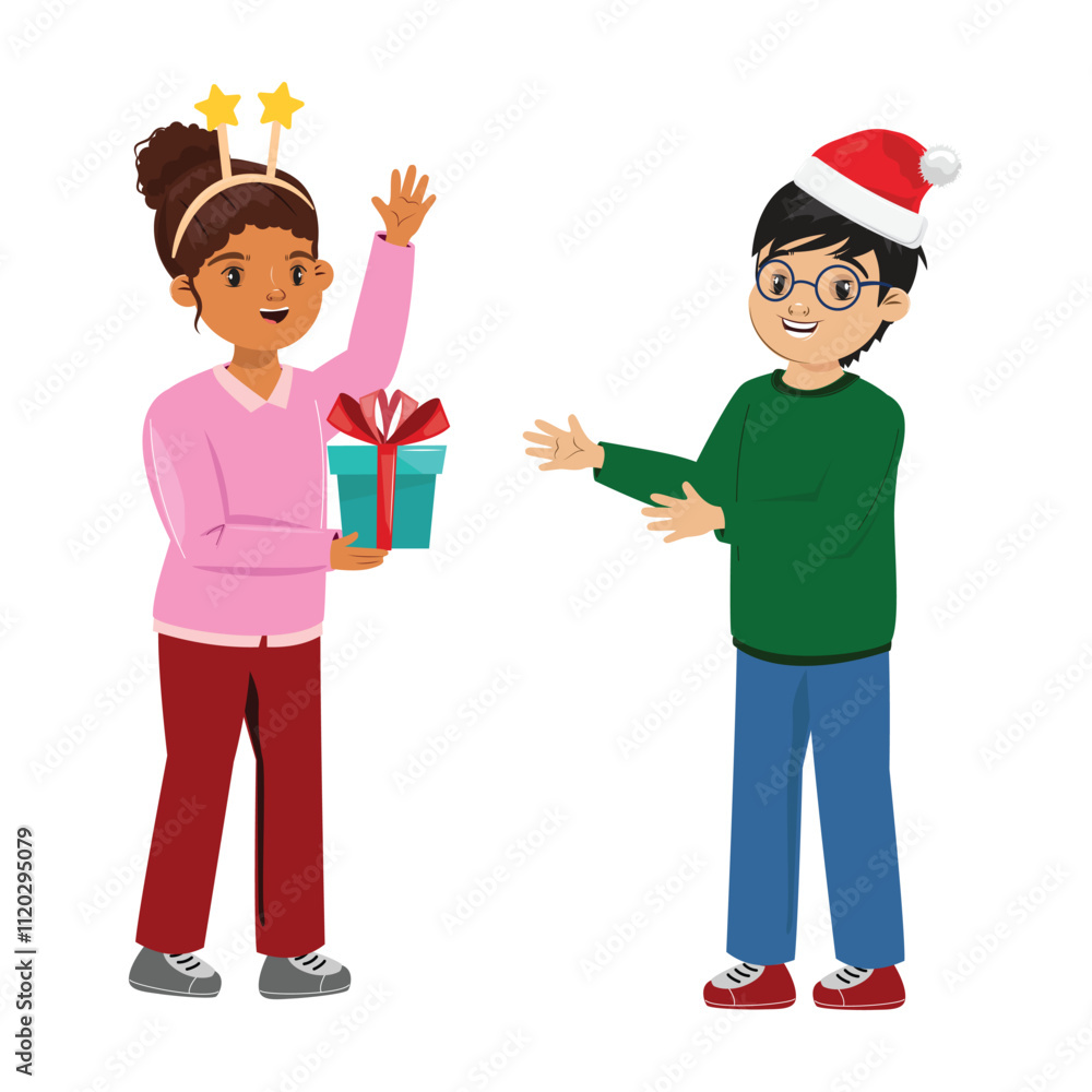 Festive scene with kids, black girl in star hairband giving a gift box to a boy in Santa hat Festive scene with kids, black girl in star hairband giving a gift box to a boy in Santa hat