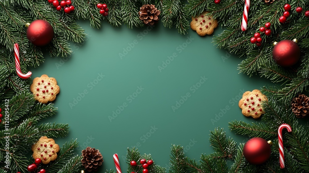 A border of christmas decorations on a green background A border of christmas decorations on a green background