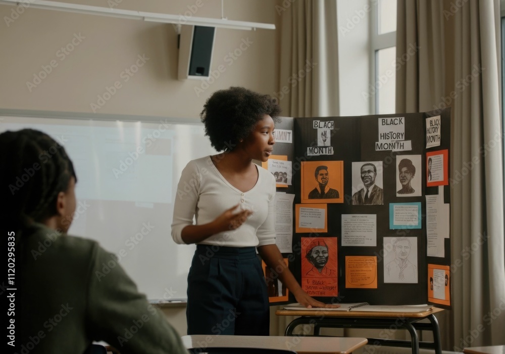 African American Female Teacher Presenting Black History Month Project African American Female Teacher Presenting Black History Month Project