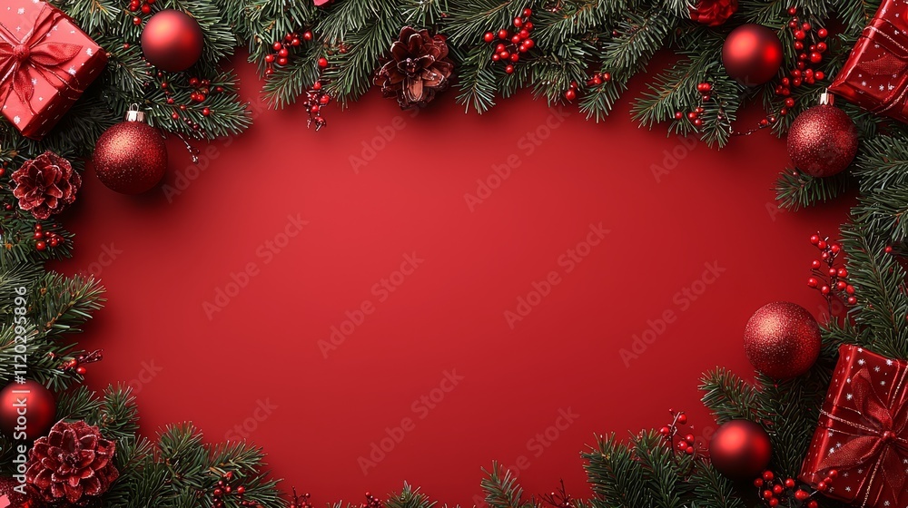 A red background with christmas decorations and presents A red background with christmas decorations and presents