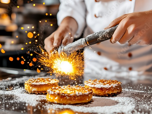 A chef caramelizing dessert with a blowtorch