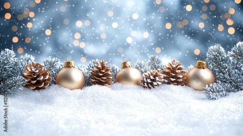 A group of gold and silver ornaments sitting on top of a snow covered ground