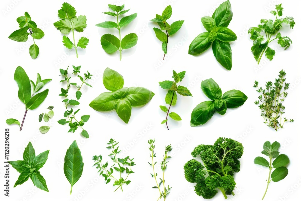 Fresh herbs set isolated, parsley, basil leaves, thyme, mint seasoning, raw green condiment sprig collection Fresh herbs set isolated, parsley, basil leaves, thyme, mint seasoning, raw green condiment sprig collection