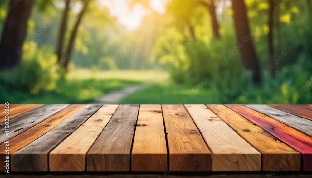 Wooden board with unfocused nature background Wooden board with unfocused nature background