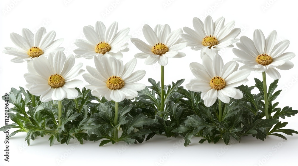 Fototapeta premium A bunch of white daisies with green leaves on a white background
