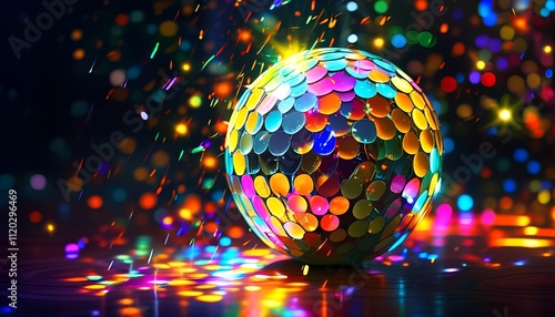 Colorful disco ball with sparkling light reflections, vibrant party atmosphere, festive and dynamic celebration theme photo