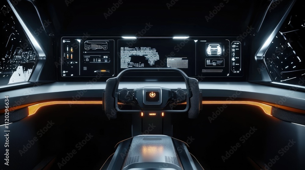 Futuristic cockpit interior with a sleek design and advanced control interfaces. Futuristic cockpit interior with a sleek design and advanced control interfaces.