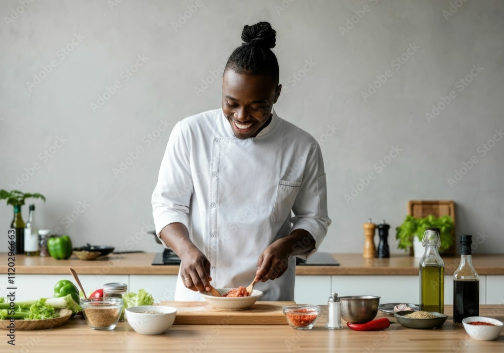 Professional Black Chef Preparing Organic Meal in Modern Kitchen Professional Black Chef Preparing Organic Meal in Modern Kitchen