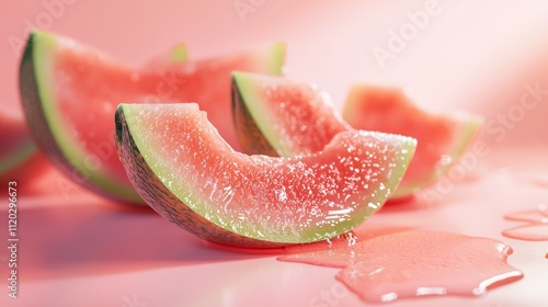 Close-up of juicy watermelon slices on pastel pink background photo