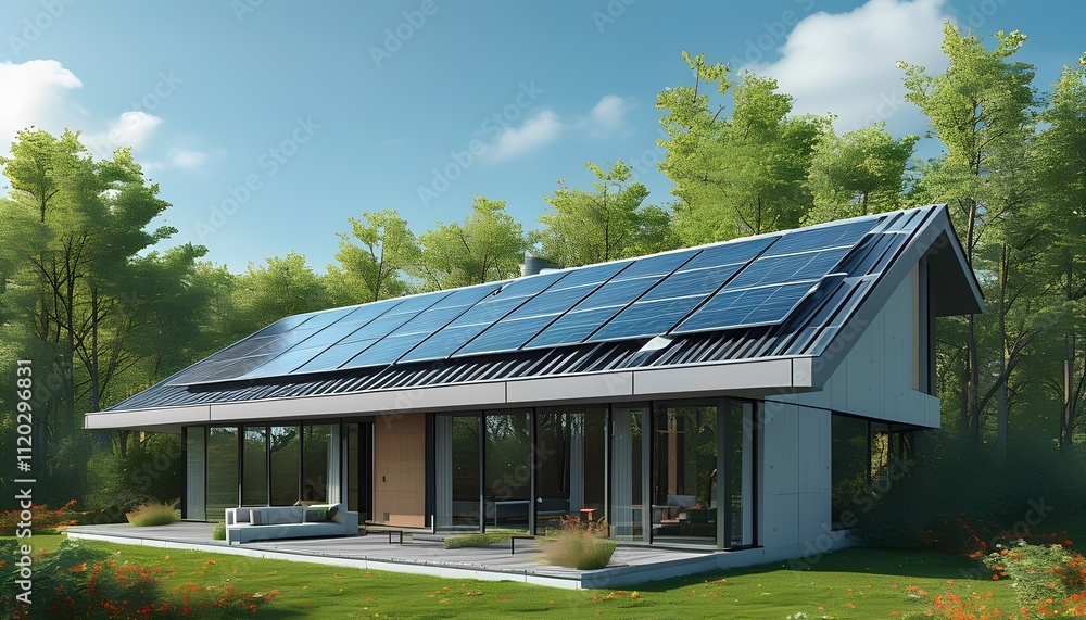 Energy-efficient home featuring solar panels, contemporary architecture promoting renewable energy use Energy-efficient home featuring solar panels, contemporary architecture promoting renewable energy use