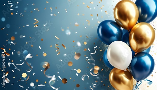 Elegant blue and gold balloon arrangement, shimmering confetti adding a joyful and celebratory touch