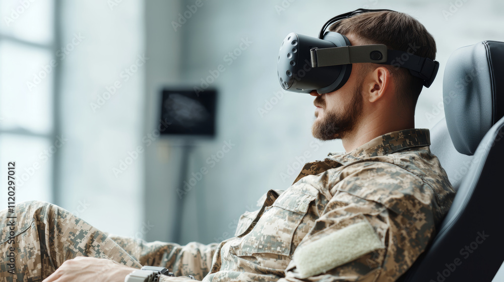 Fototapeta premium A soldier wearing virtual reality goggles sits comfortably, immersed in an advanced simulation experience, showcasing modern technology in military training.