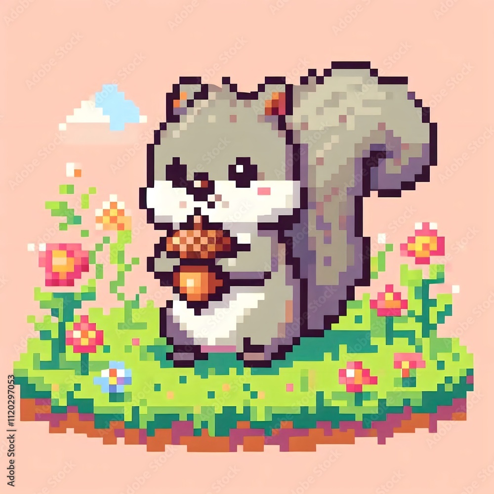 cartoon image of a squirrel holding a nut, pixel art cartoon image of a squirrel holding a nut, pixel art