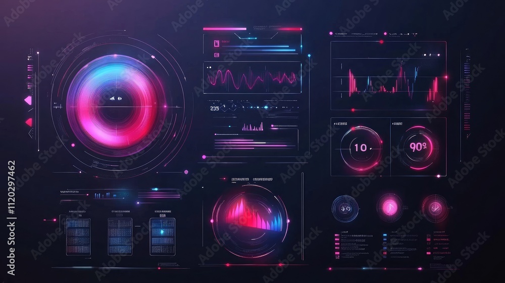 Fototapeta premium Futuristic data visualization interface with graphs and metrics in vibrant colors.