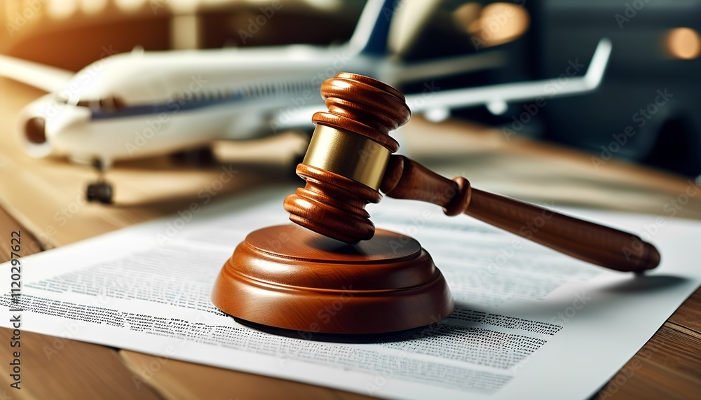Gavel and legal papers in focus, airplane blurred in the background, symbolizing aviation regulations and compensation claims Gavel and legal papers in focus, airplane blurred in the background, symbolizing aviation regulations and compensation claims