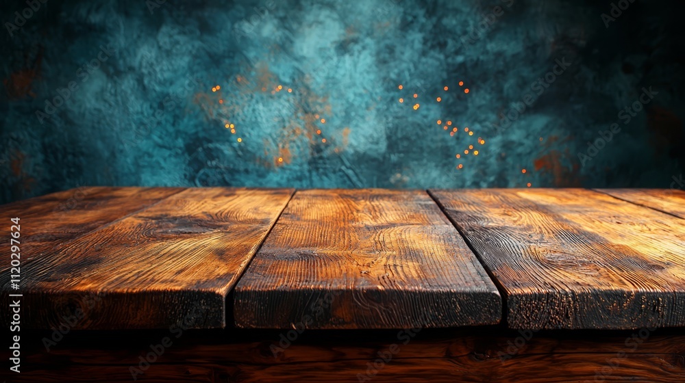 A wooden table in front of a dark blue wall A wooden table in front of a dark blue wall