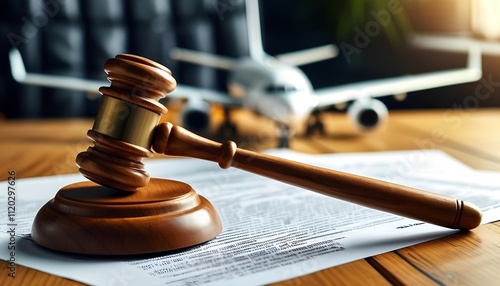 Legal gavel on aviation documents with airplane in the background, representing air travel laws and passenger rights