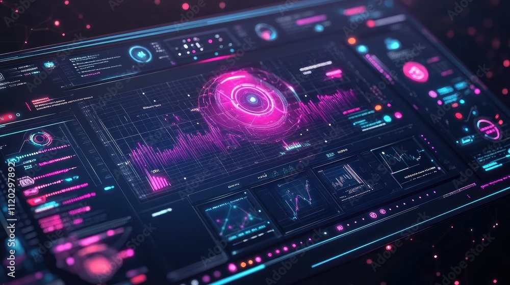 Futuristic digital interface displaying data analytics and visualizations in vibrant colors. Futuristic digital interface displaying data analytics and visualizations in vibrant colors.